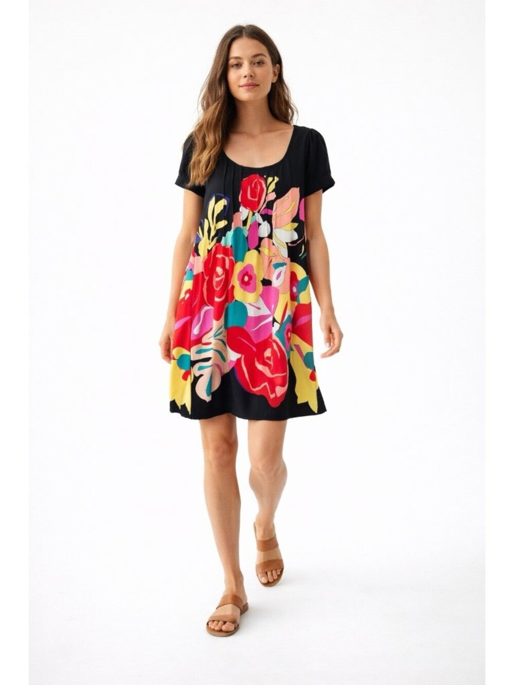 ART POP FLORAL dress knit colorful LARGE bold mod retro summer tunic abstract